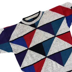 Vintage Geometric Sweater Unisex 1980s Color Block Triangles Retro Knit Crewneck